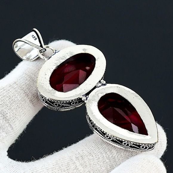 Antique Ruby Pendant Necklace, Sterling Silver, Double Gemstone, Statement - Picture 11 of 11
